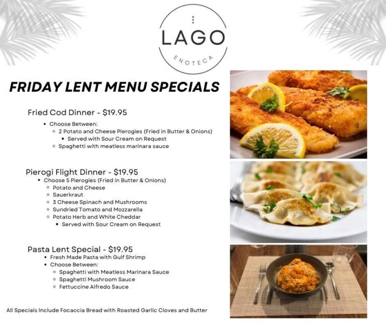 Image showing Friday Lent Menu Specials: Fried Cod Dinner ($19.95), Pierogi Flight Dinner ($19.95), Pasta Lent Special ($19.95)