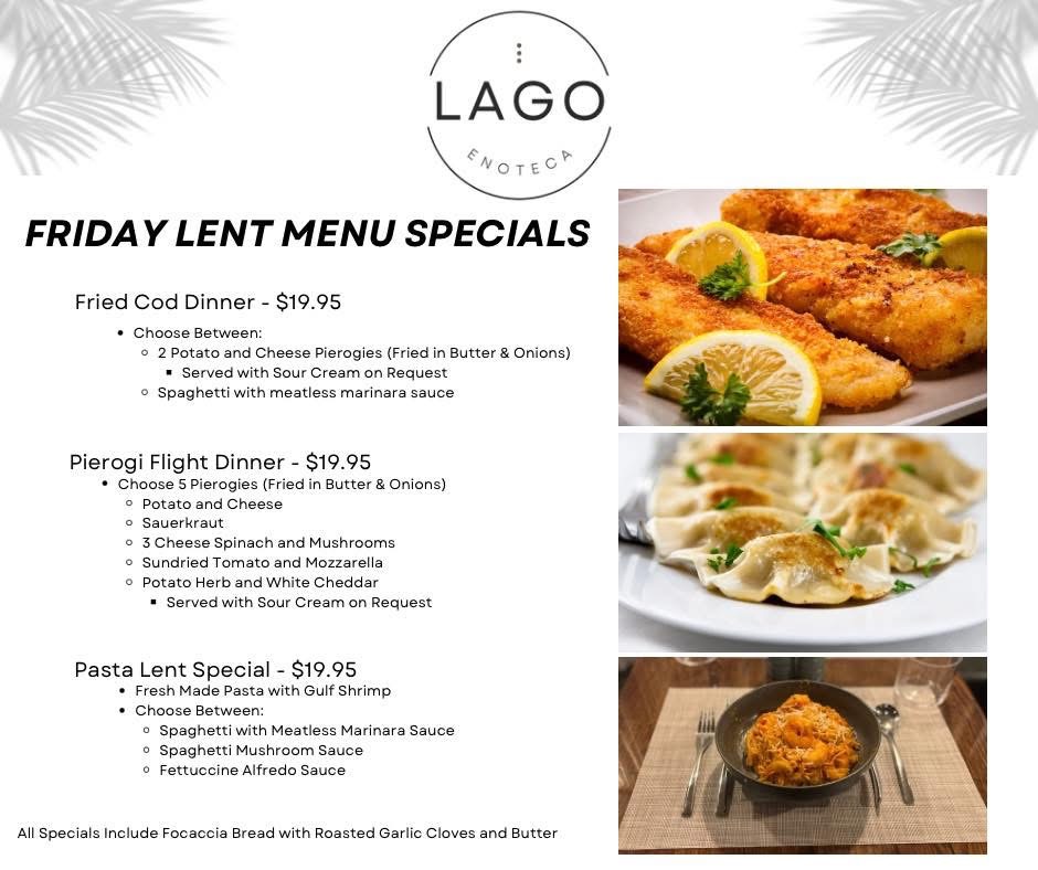 Image showing Friday Lent Menu Specials: Fried Cod Dinner ($19.95), Pierogi Flight Dinner ($19.95), Pasta Lent Special ($19.95)